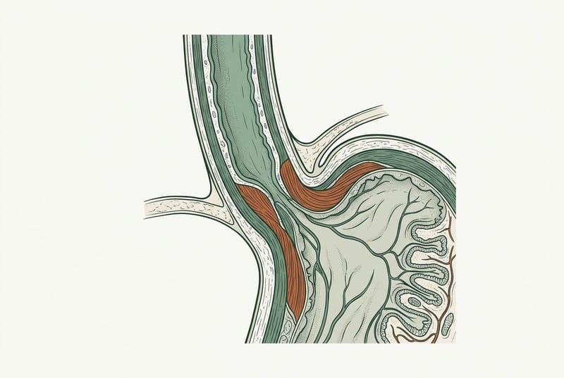 Cross-section illustration of the lower esophagus and the top of the stomach at the junction where acid reflux occurs.