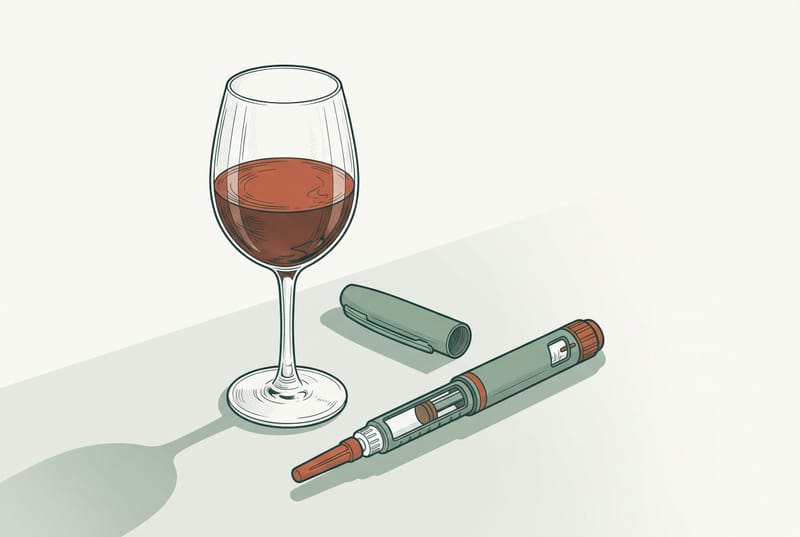 Illustration of a glass of red wine beside an uncapped GLP-1 injection pen.
