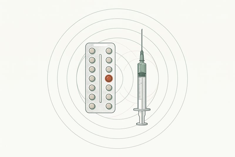 Illustration of a birth control pill blister pack with one orange pill, beside an injection syringe, surrounded by concentric circles.