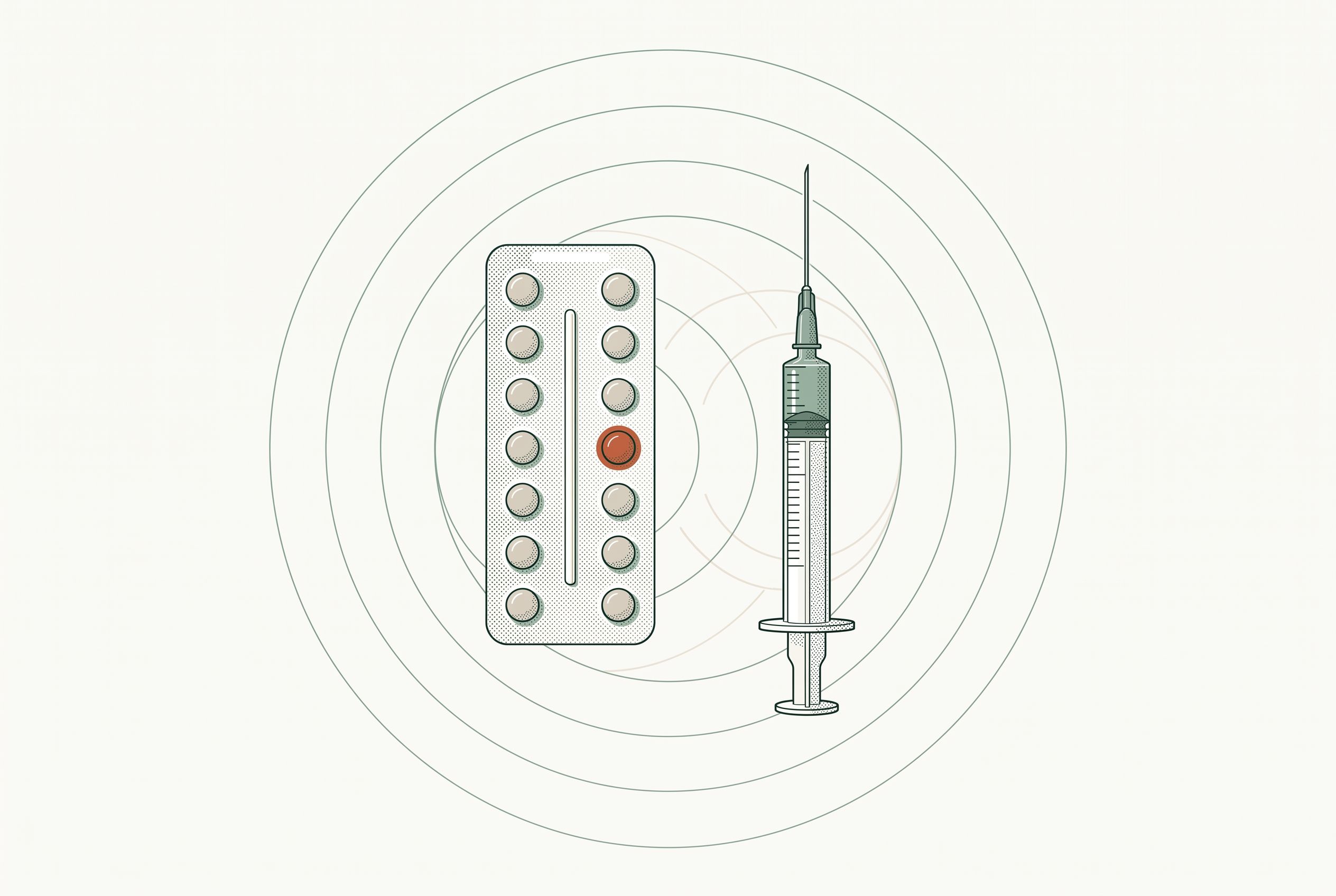 Illustration of a birth control pill blister pack with one orange pill, beside an injection syringe, surrounded by concentric circles.