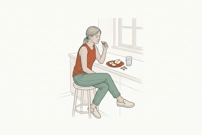 Line illustration of a person sitting at a kitchen counter eating a light snack of apple slices, almonds, and water.