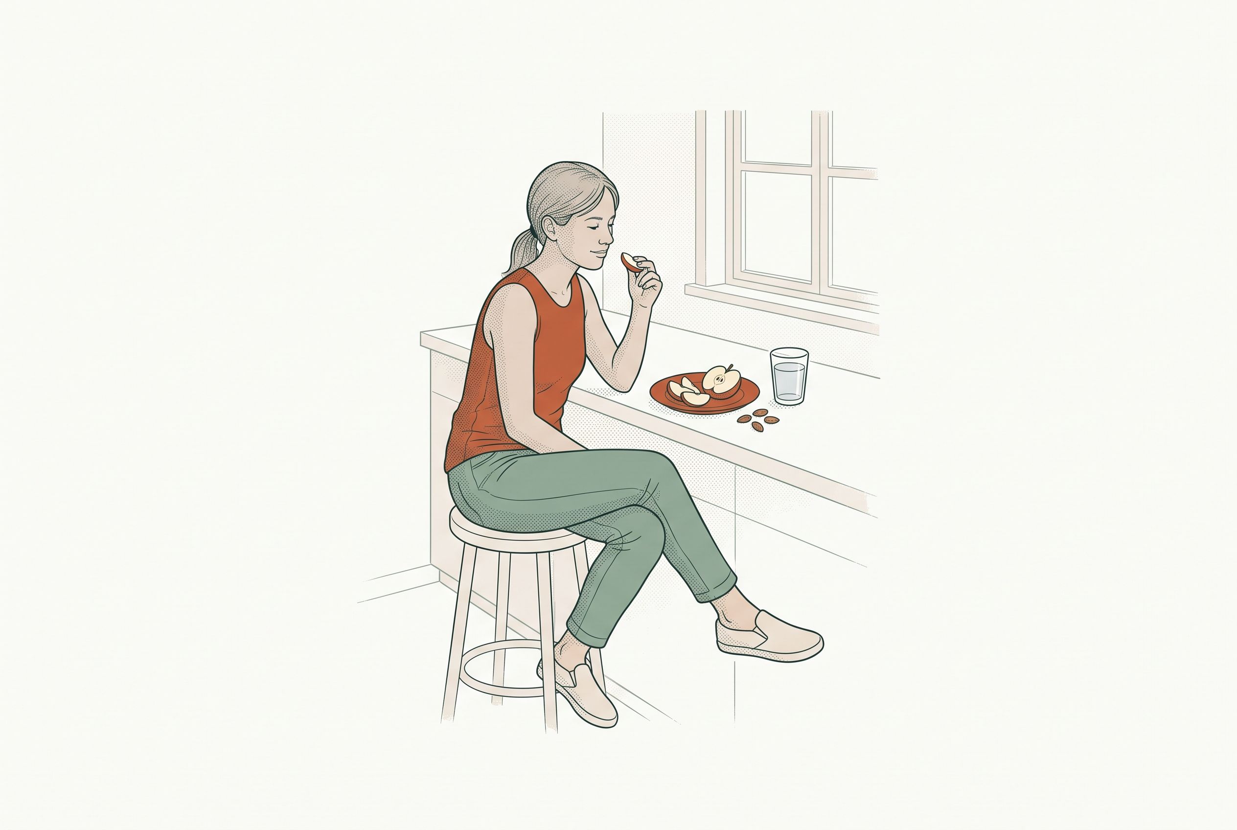 Line illustration of a person sitting at a kitchen counter eating a light snack of apple slices, almonds, and water.