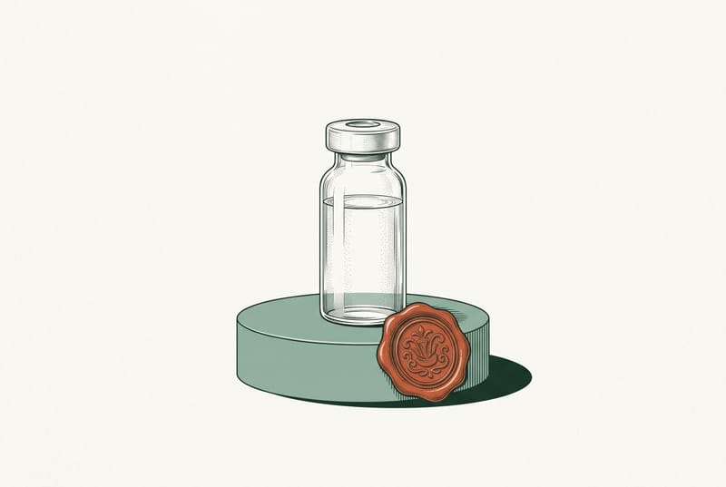 A sealed brand-name medication vial on a pedestal beside a wax authenticity seal.