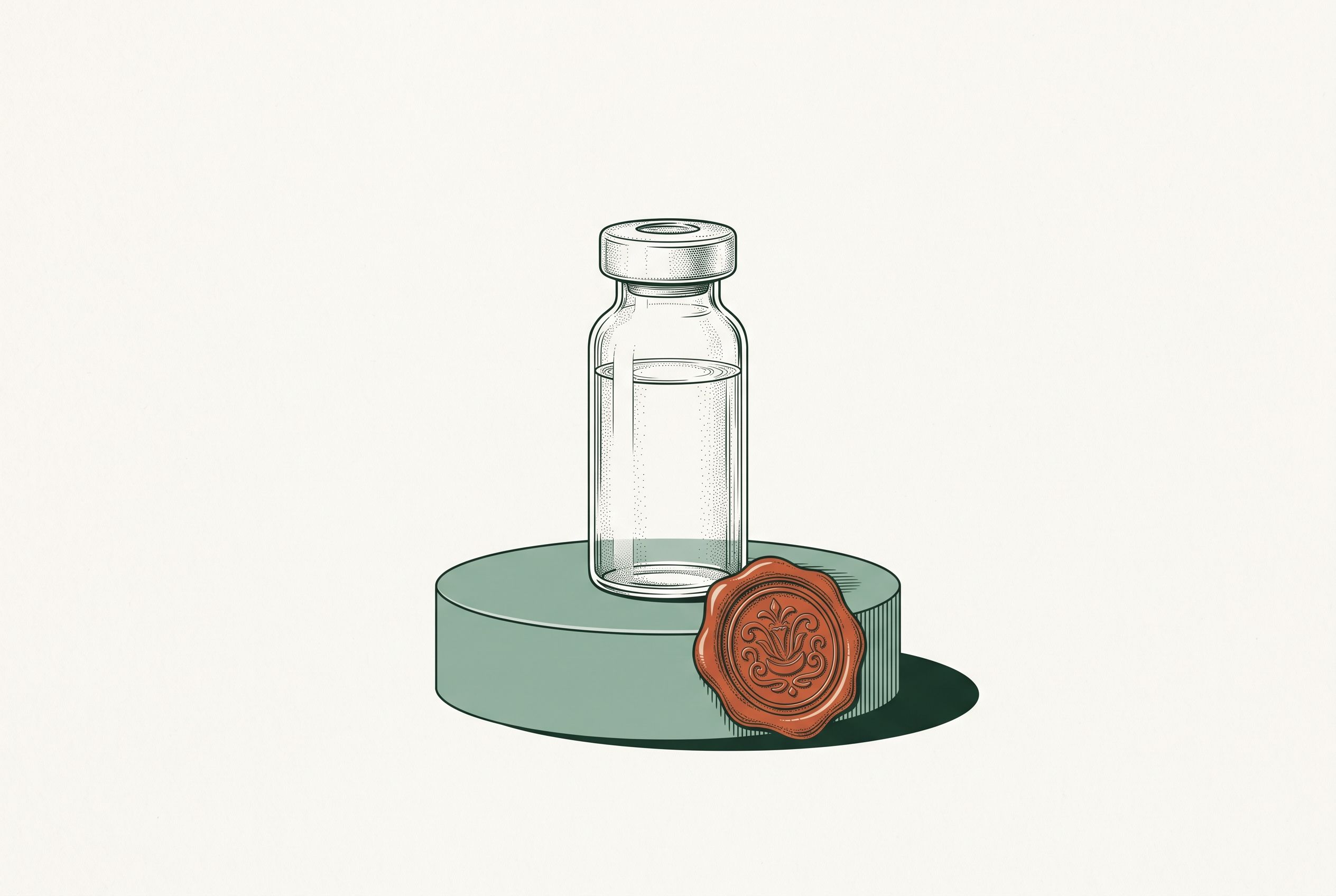 Illustration of a sealed brand-name medication vial displayed on a pedestal beside a wax authenticity seal — representing genuine, FDA-approved medication.