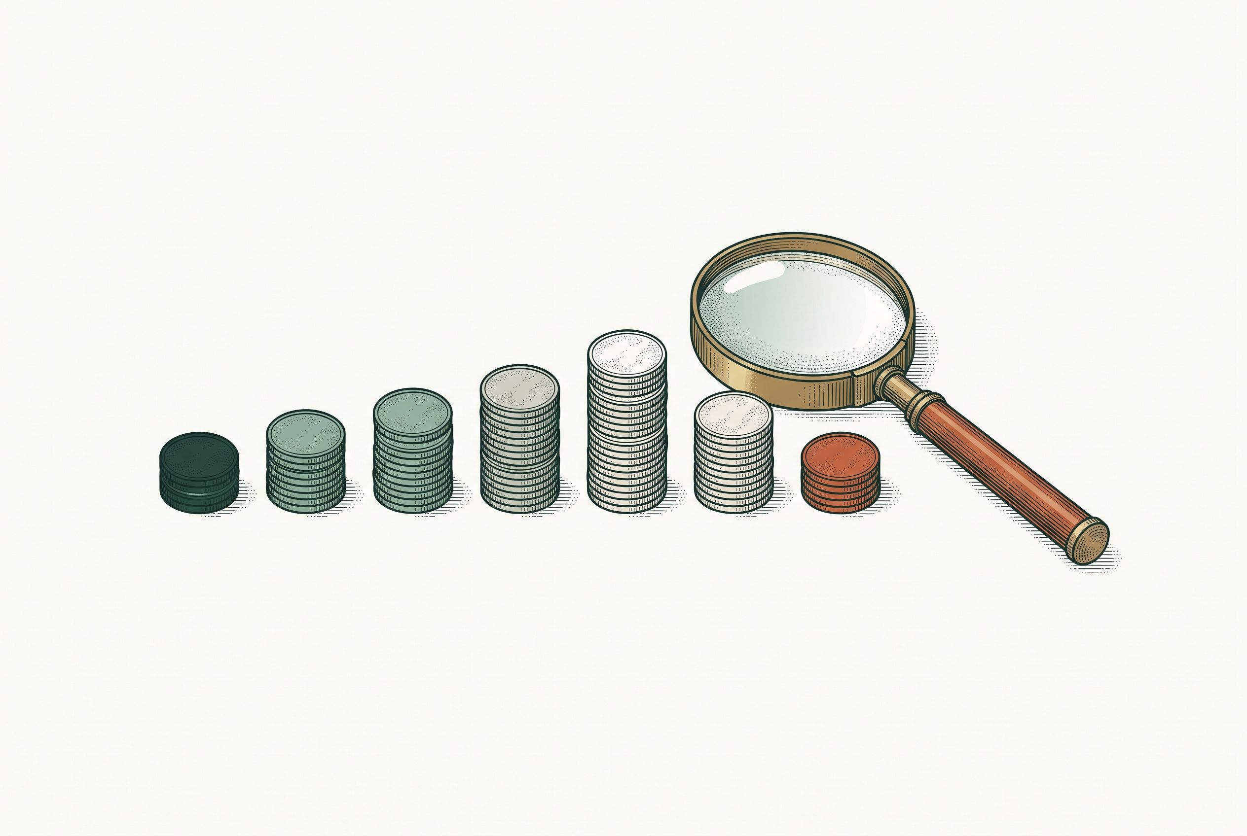 Illustration of a row of coin stacks in descending heights examined under a magnifying glass — comparing GLP-1 membership fees.