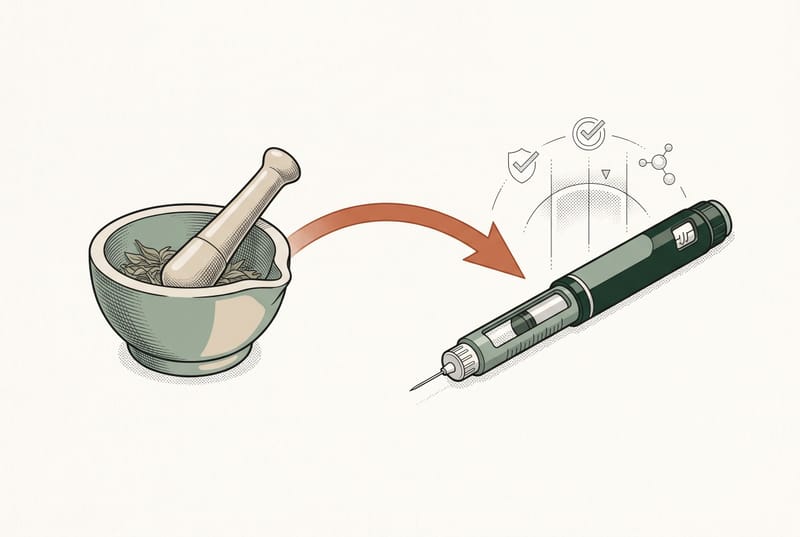 Illustration of a mortar and pestle with an orange arrow pointing to an injection pen surrounded by check-mark and shield icons.