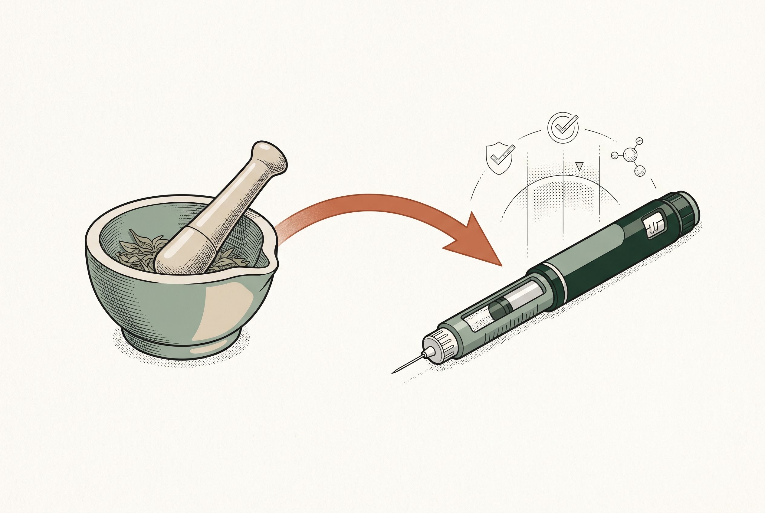 Illustration of a mortar and pestle with an orange arrow pointing to an injection pen surrounded by check-mark and shield icons.