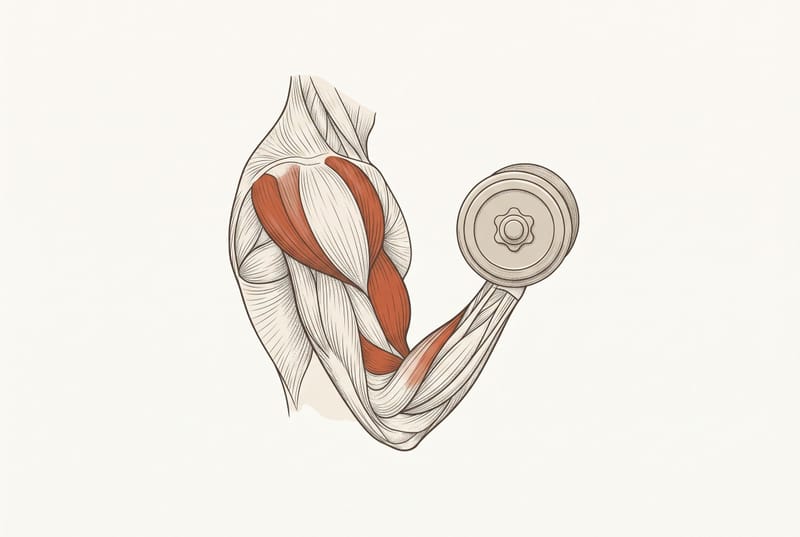 Anatomical illustration of an arm's shoulder and biceps muscles curling a dumbbell — representing strength training to preserve muscle.
