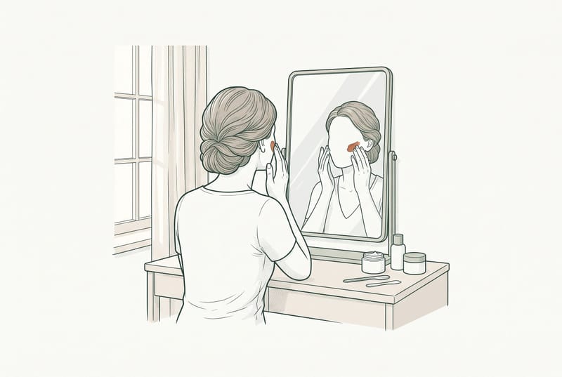 Line illustration of a person examining their face in a vanity mirror, touching their cheek — representing facial changes during weight loss.