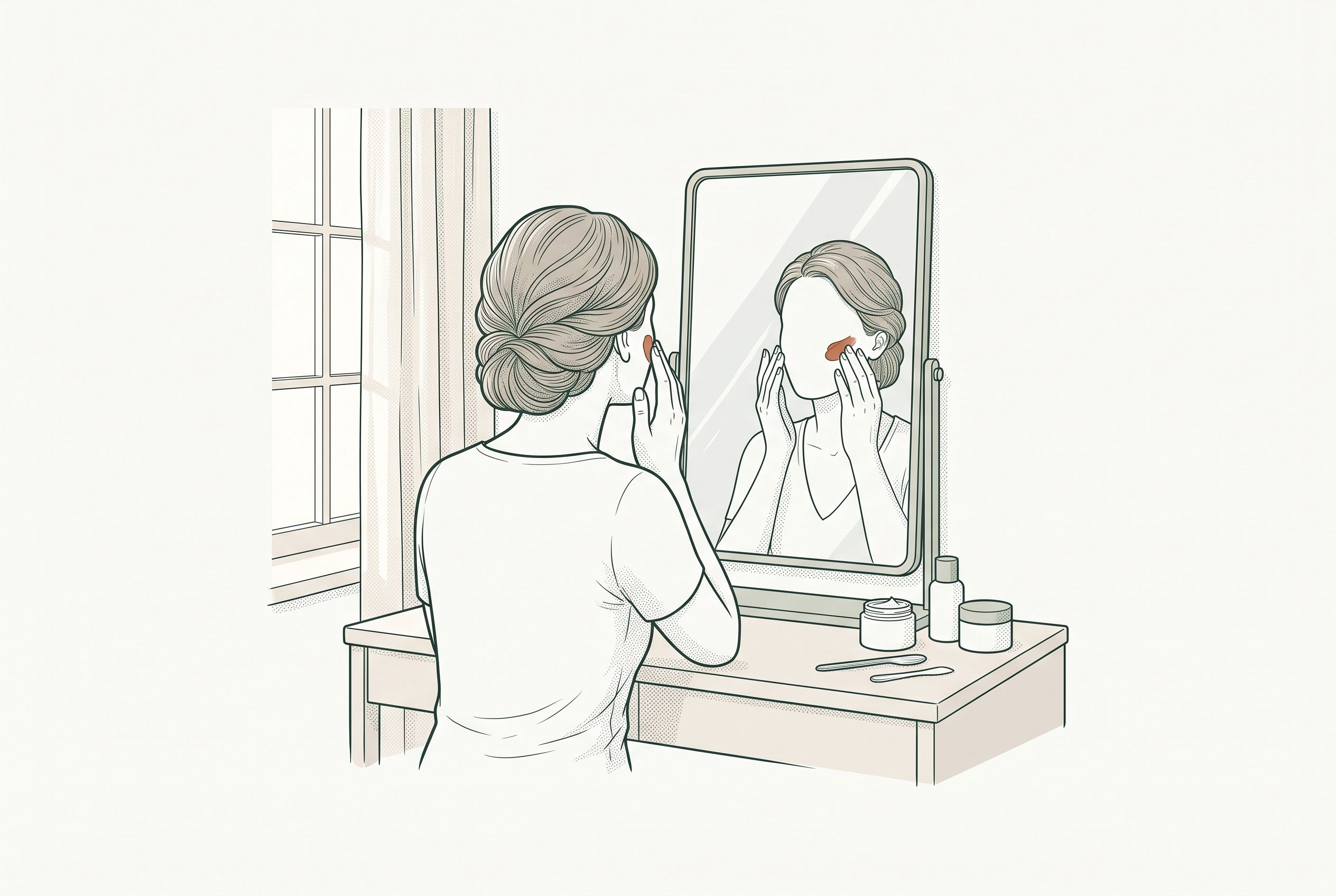 Line illustration of a person examining their face in a vanity mirror, touching their cheek — representing facial changes during weight loss.