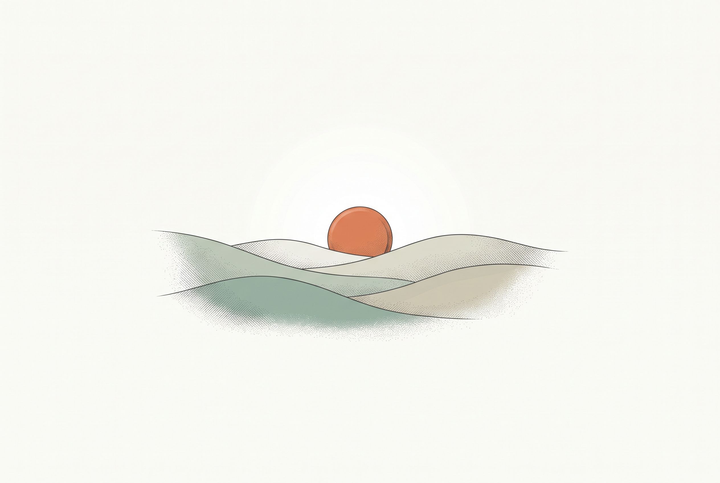 Minimalist illustration of a round tablet rising like a sun over gently rolling hills — representing starting once-daily Foundayo.