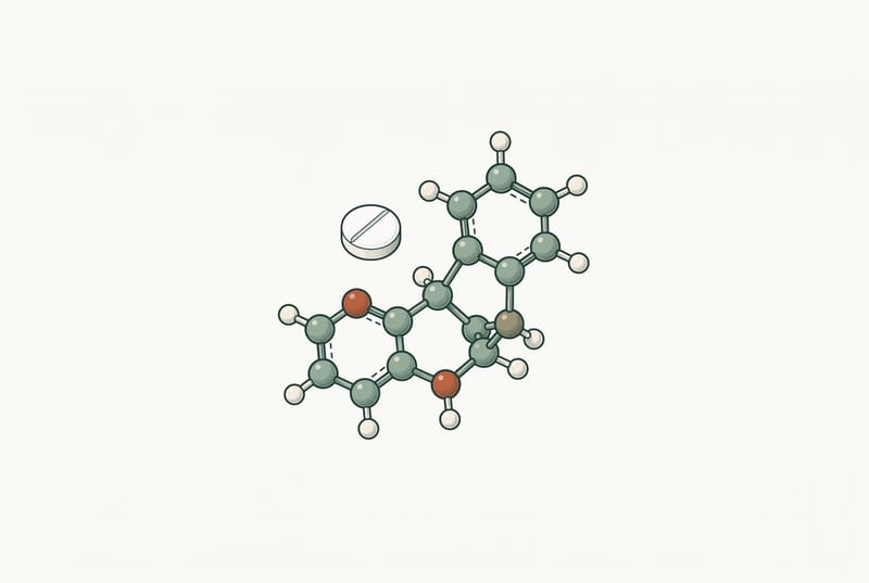 Ball-and-stick molecular model beside a small tablet — representing orforglipron, the first small-molecule oral GLP-1.