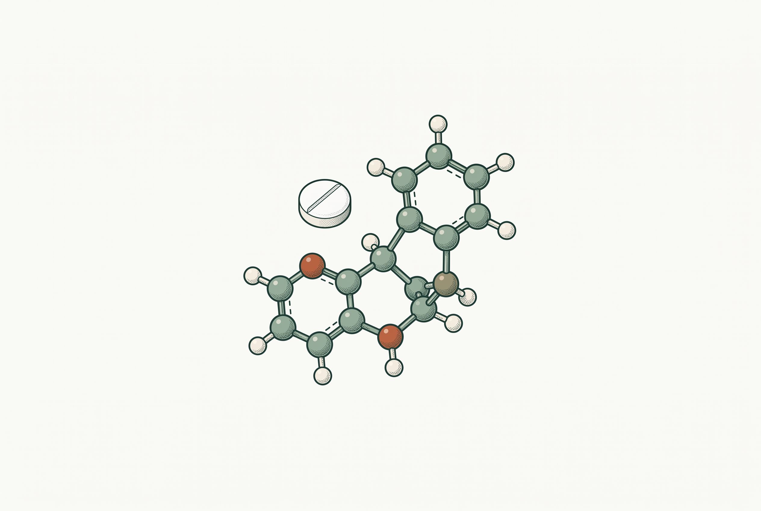Ball-and-stick molecular model beside a small tablet — representing orforglipron, the first small-molecule oral GLP-1.
