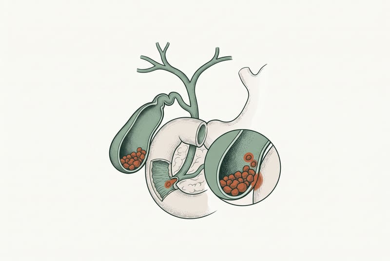Anatomical illustration of the gallbladder and bile ducts with gallstones visible inside, shown in cross-section detail.