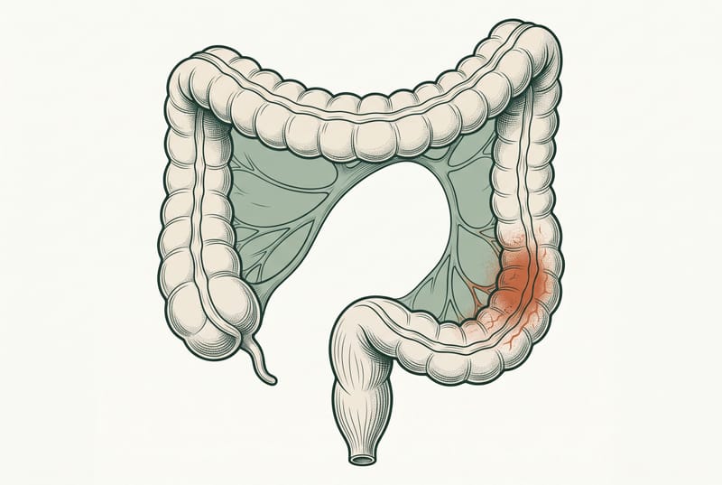 Anatomical illustration of the large intestine (colon) with a reddened, irritated segment — representing constipation on GLP-1 medications.