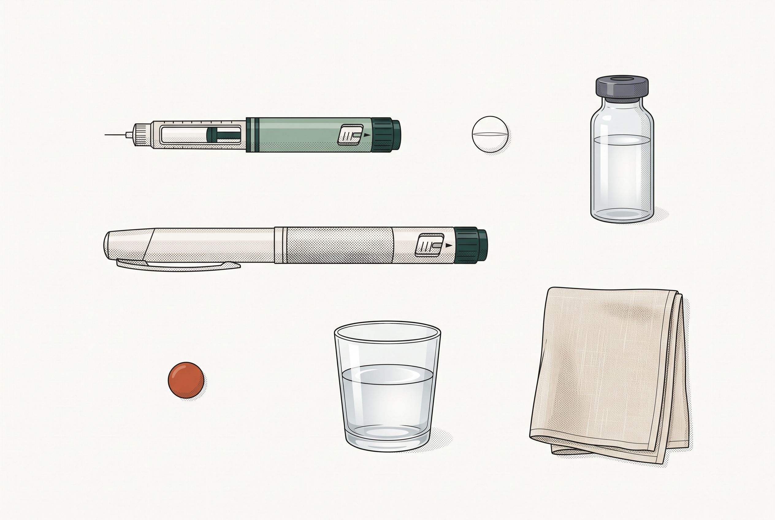 Illustration of the GLP-1 medication forms — injection pens, a tablet, and a vial — laid out beside a glass of water and a linen napkin.