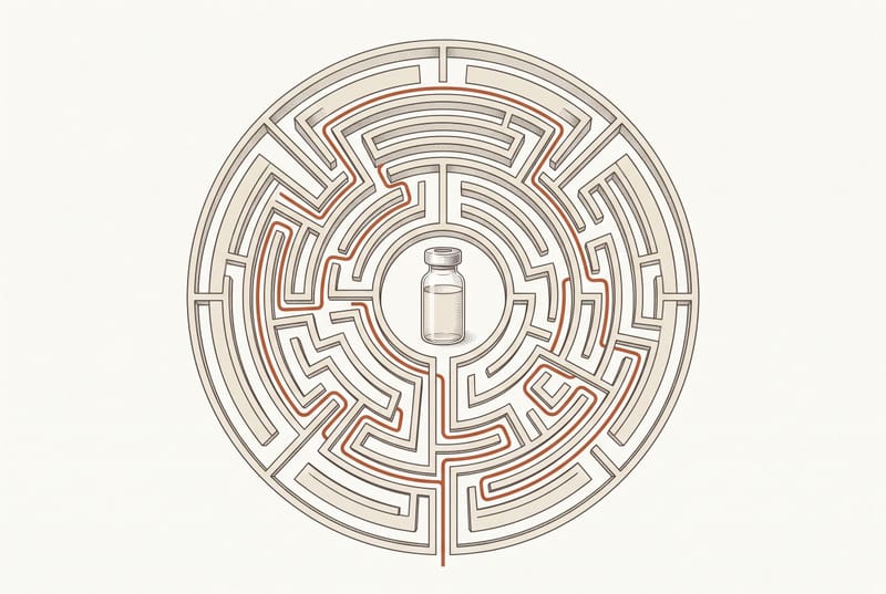 Illustration of a circular maze with a medication vial at its center — representing navigating insurance prior authorization for GLP-1 coverage.