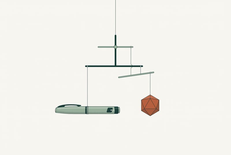 Illustration of a hanging mobile balancing an injection pen on one arm against an orange geometric shape on the other.