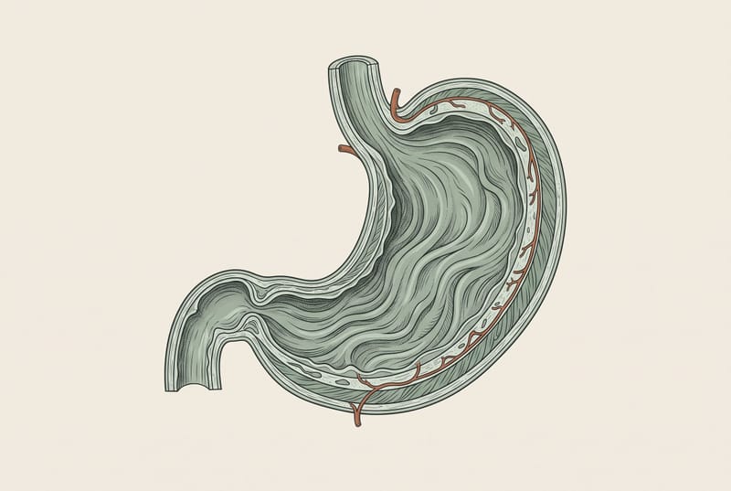 Anatomical cross-section illustration of the human stomach.