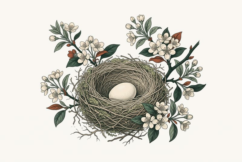 Illustration of a bird's nest holding a single egg, surrounded by spring blossoms.