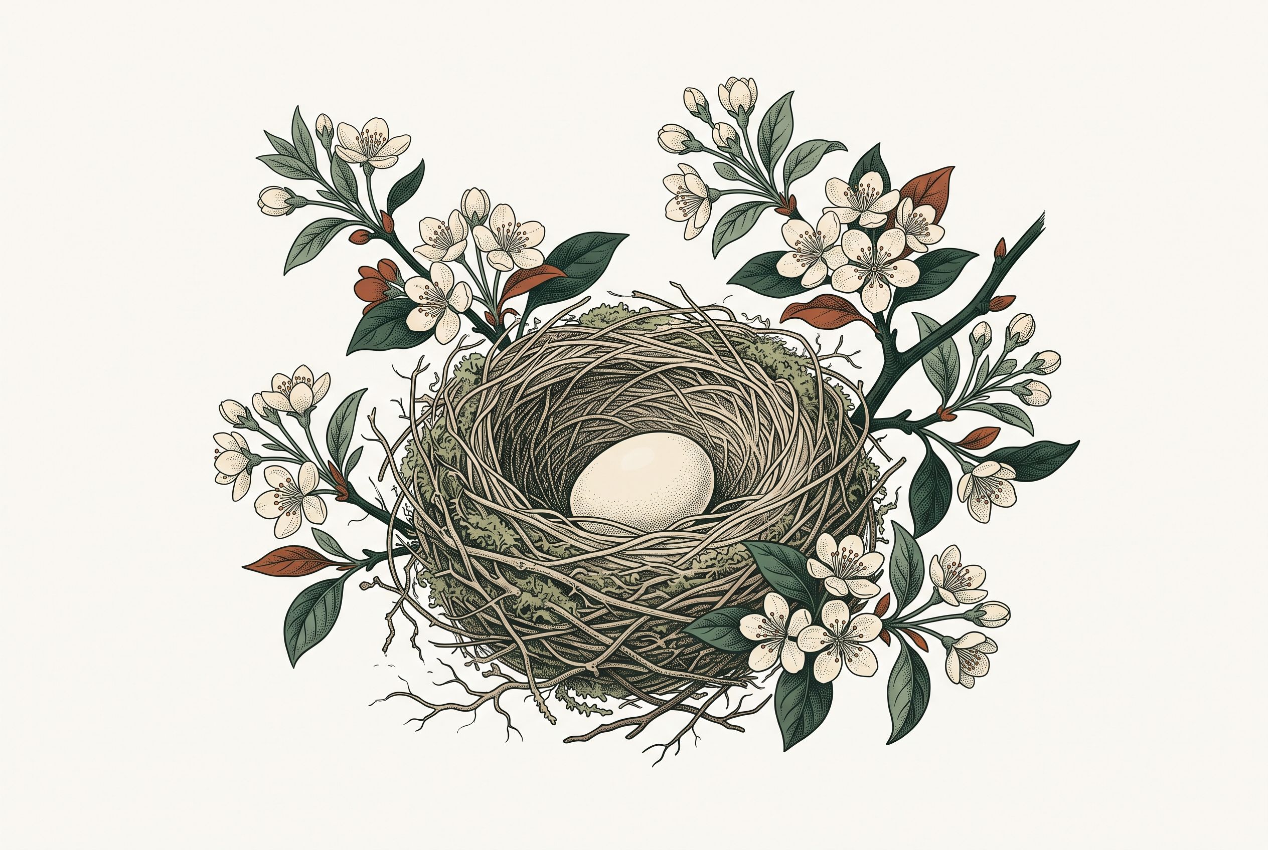 Illustration of a bird's nest holding a single egg, surrounded by spring blossoms.
