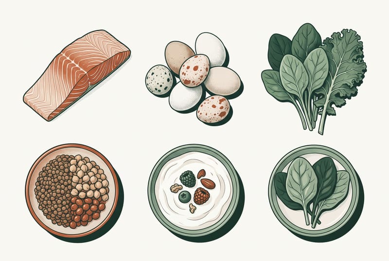 Illustration of protein-rich foods for GLP-1 users: salmon, eggs, leafy greens, a bowl of lentils and chickpeas, Greek yogurt with berries and nuts, and spinach.