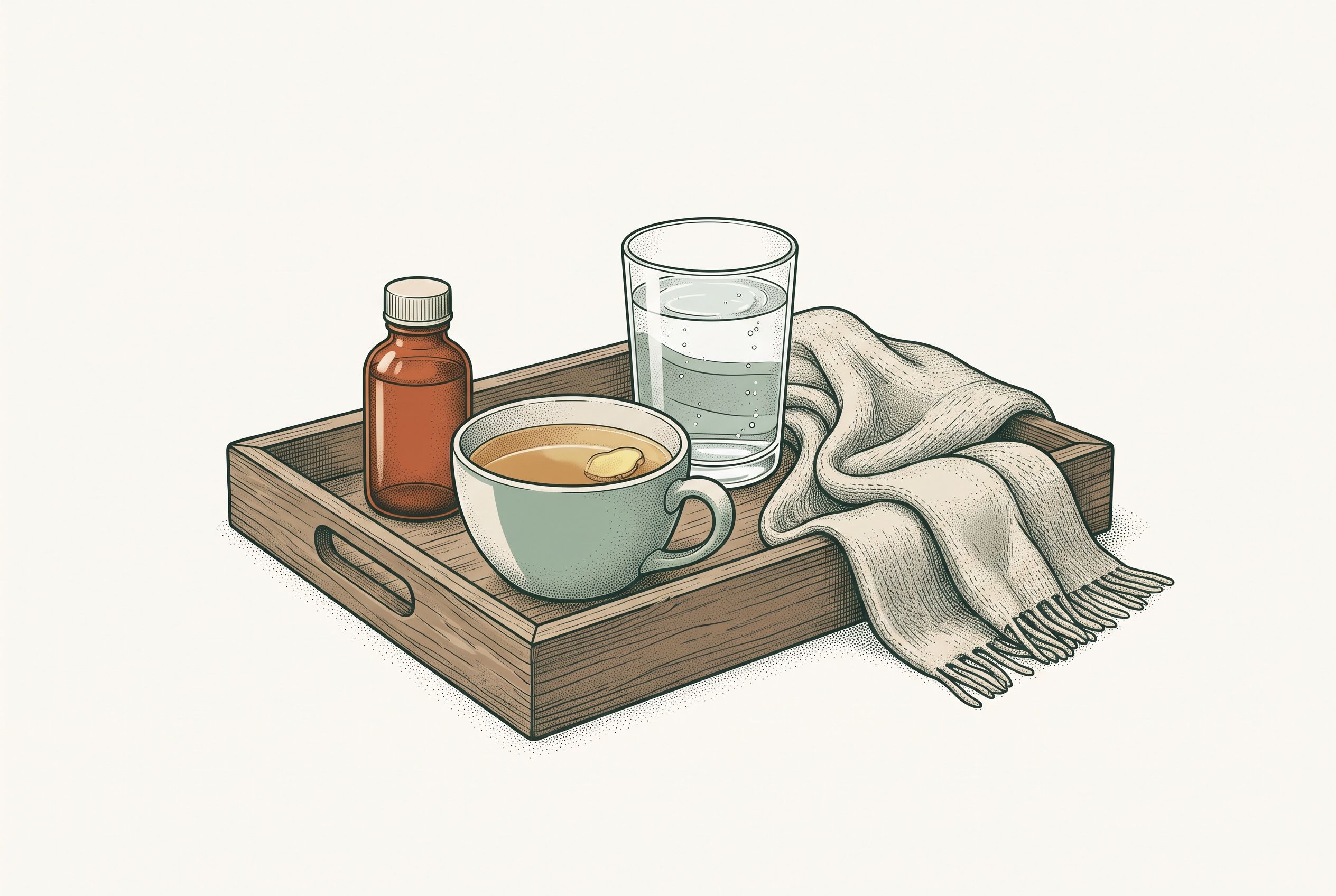 Illustration of a comfort tray holding ginger tea, a glass of water, and a medicine bottle beside a folded blanket — easing GLP-1 side effects.