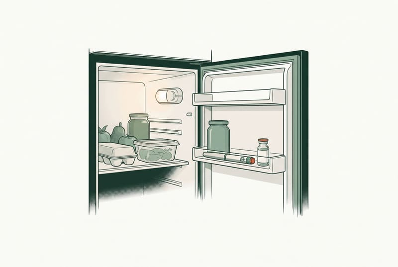 An open refrigerator with an injection pen and a small medication vial stored on the door shelf beside groceries.