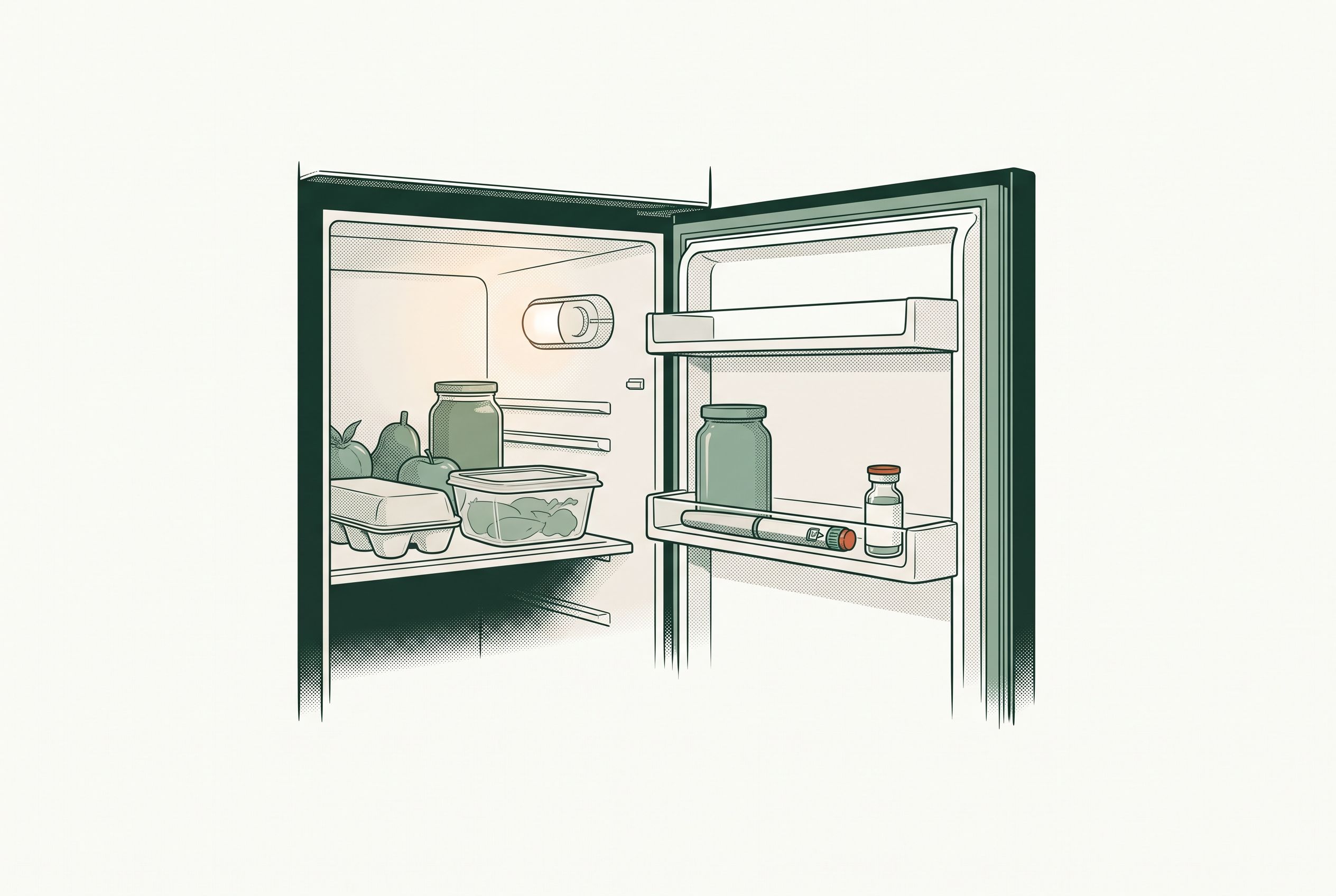 An open refrigerator with an injection pen and a small medication vial stored on the door shelf beside groceries.