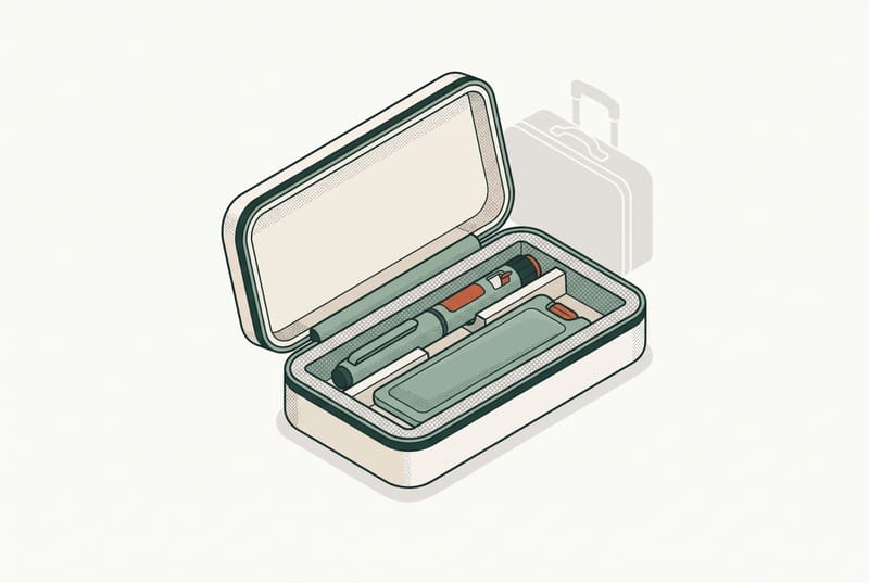Illustration of a GLP-1 injection pen packed in a protective travel case, with a rolling suitcase in the background.