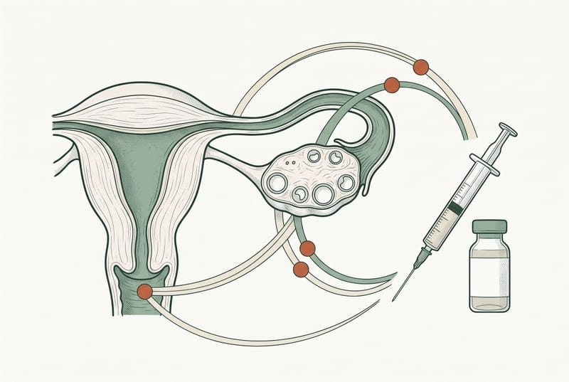 Anatomical illustration of a uterus and an ovary with multiple follicles, beside a medication syringe and vial.