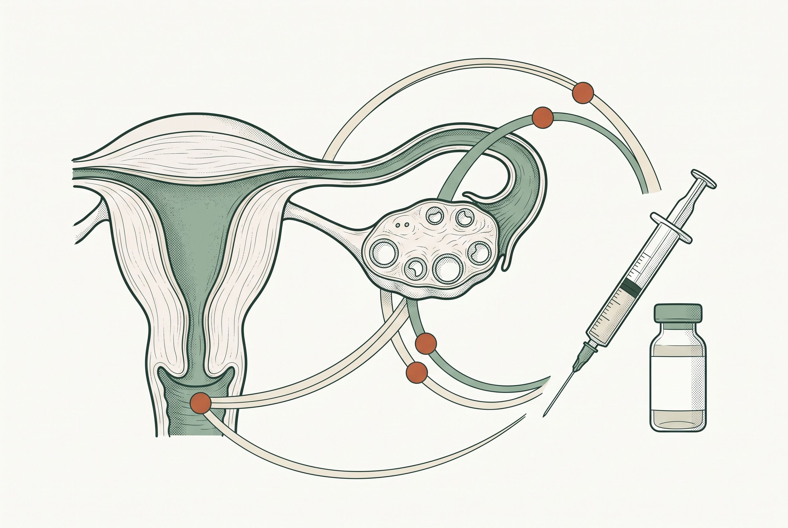 Anatomical illustration of a uterus and an ovary with multiple follicles, beside a medication syringe and vial.