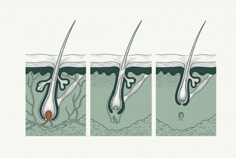 Three-panel illustration of a hair follicle moving through the hair growth cycle from active growth to shedding — depicting telogen effluvium.