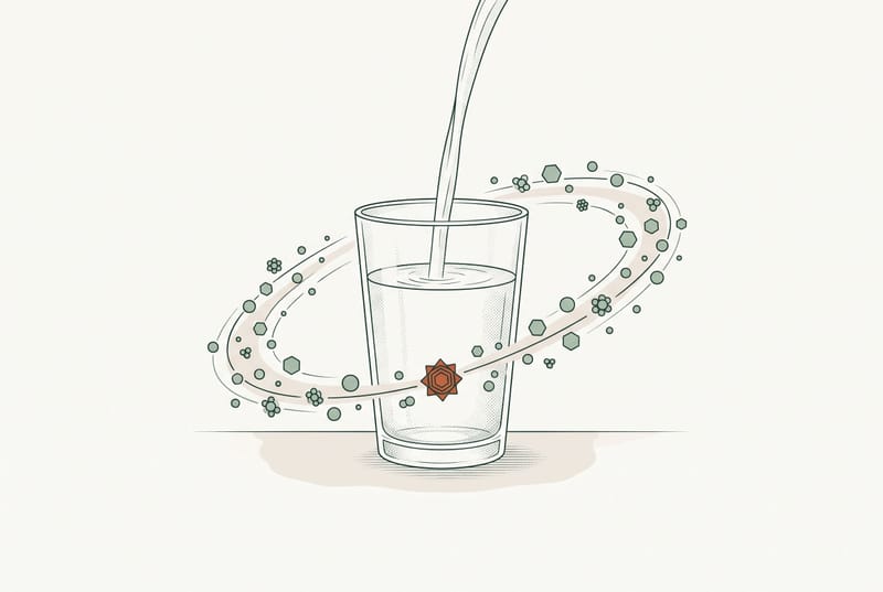 Illustration of water being poured into a clear glass, with small mineral particles orbiting the glass in a ring.