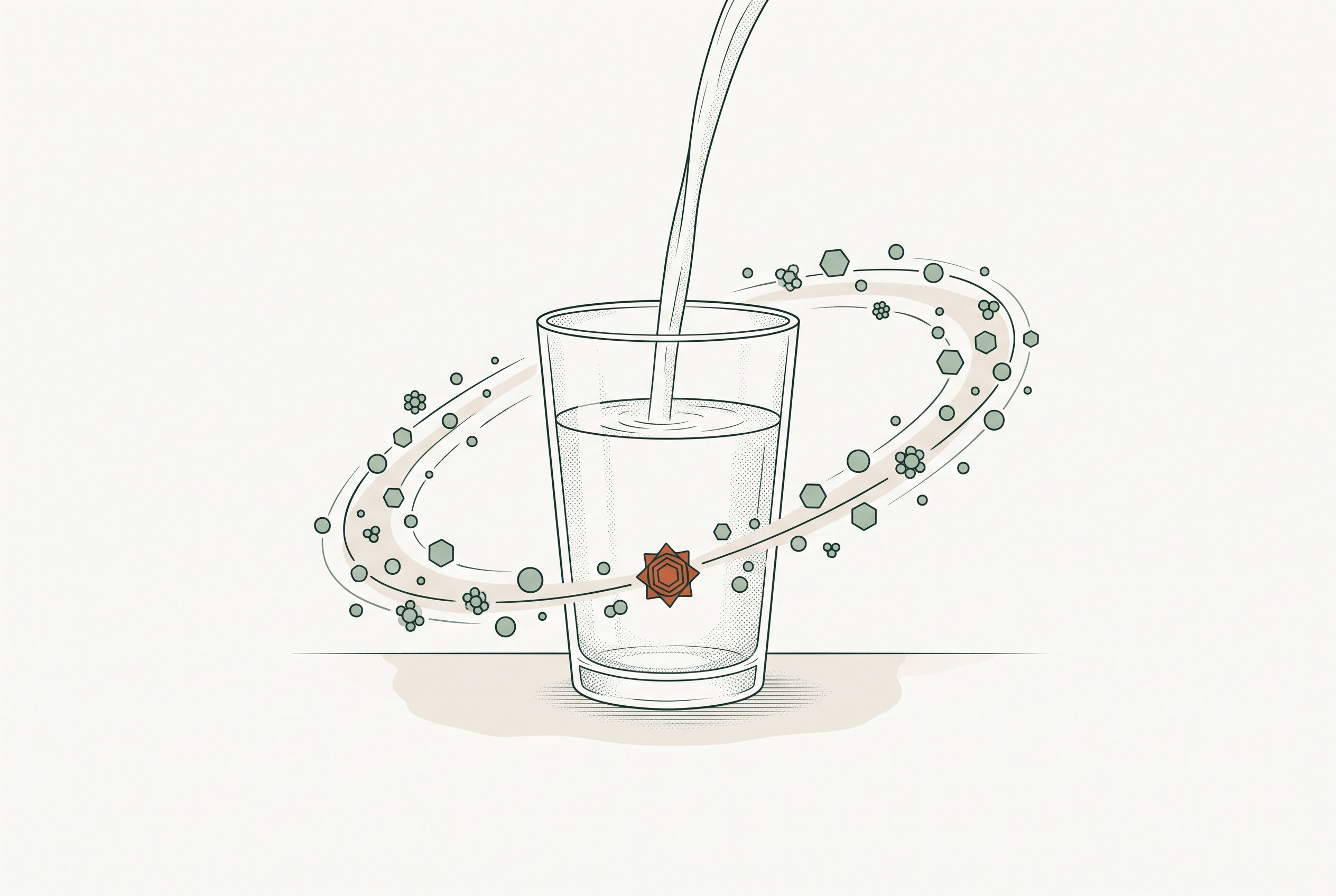 Illustration of water being poured into a clear glass, with small mineral particles orbiting the glass in a ring.