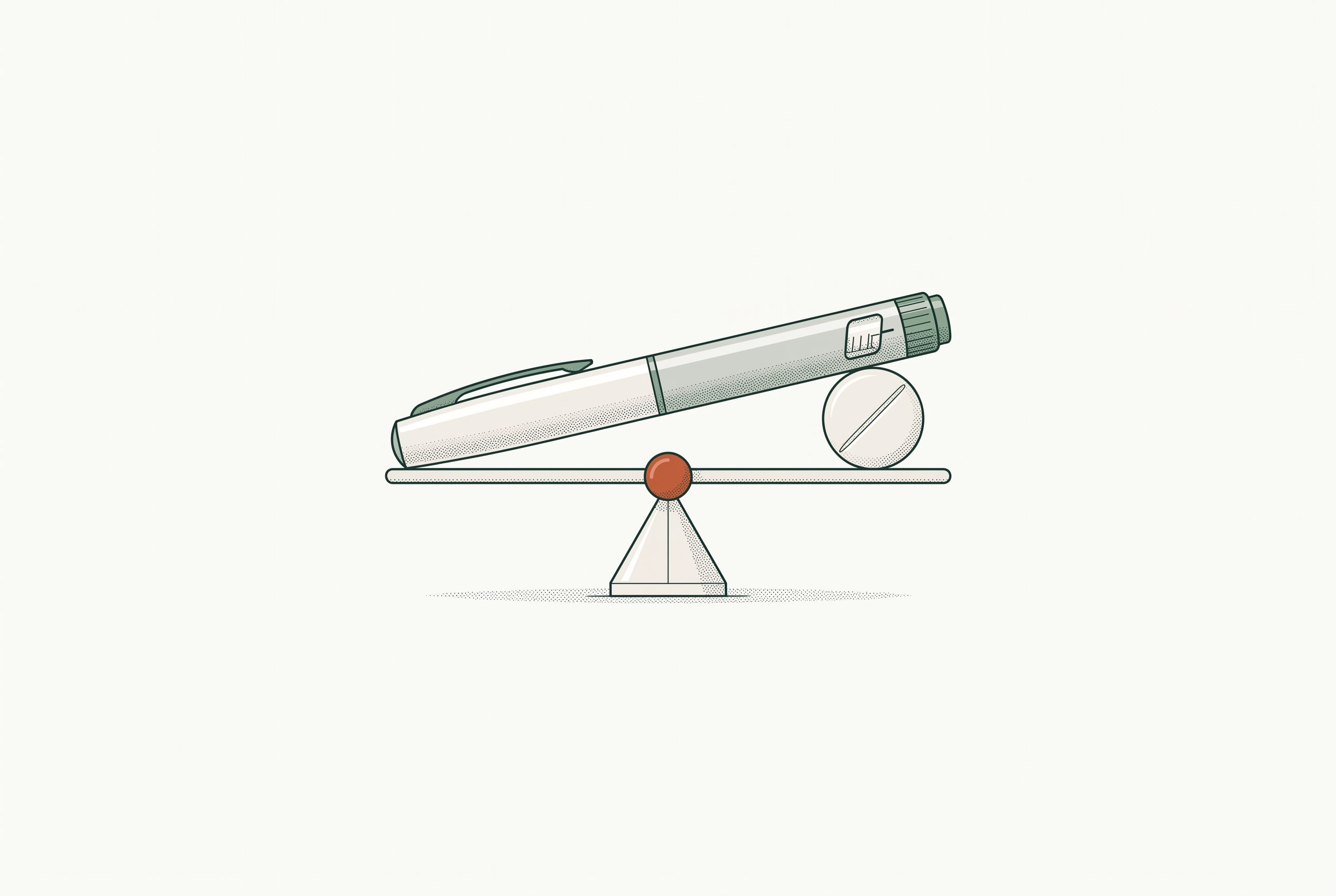Illustration of an injection pen and a round tablet balanced on opposite ends of a seesaw.