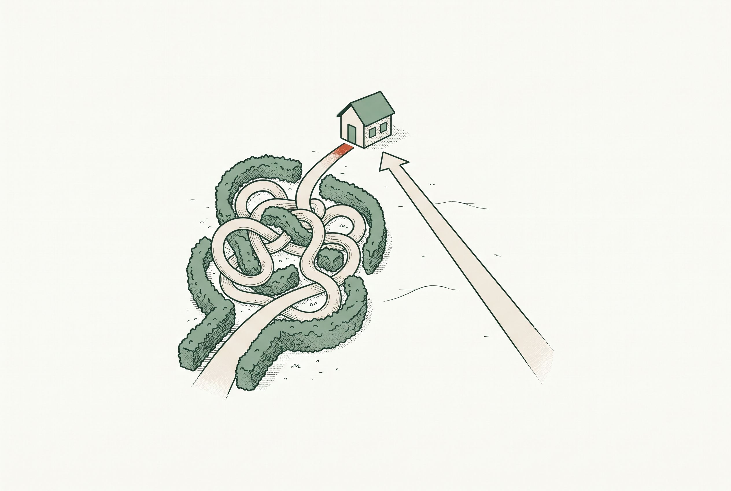 Illustration of a tangled maze path beside a straight arrow leading to a house — insurance complexity versus the direct cash-pay route.