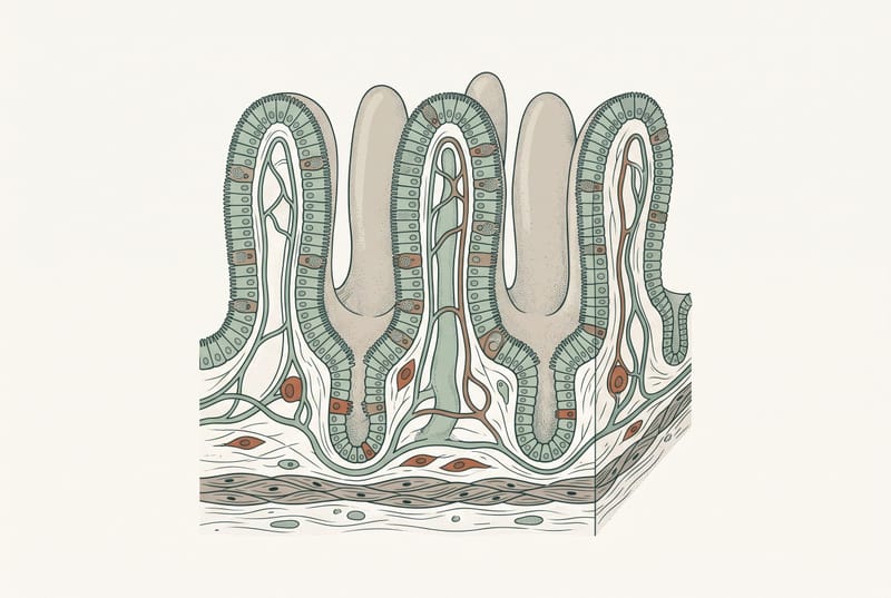 Microscopic cross-section illustration of intestinal villi, the finger-like projections lining the small intestine that absorb nutrients and water.
