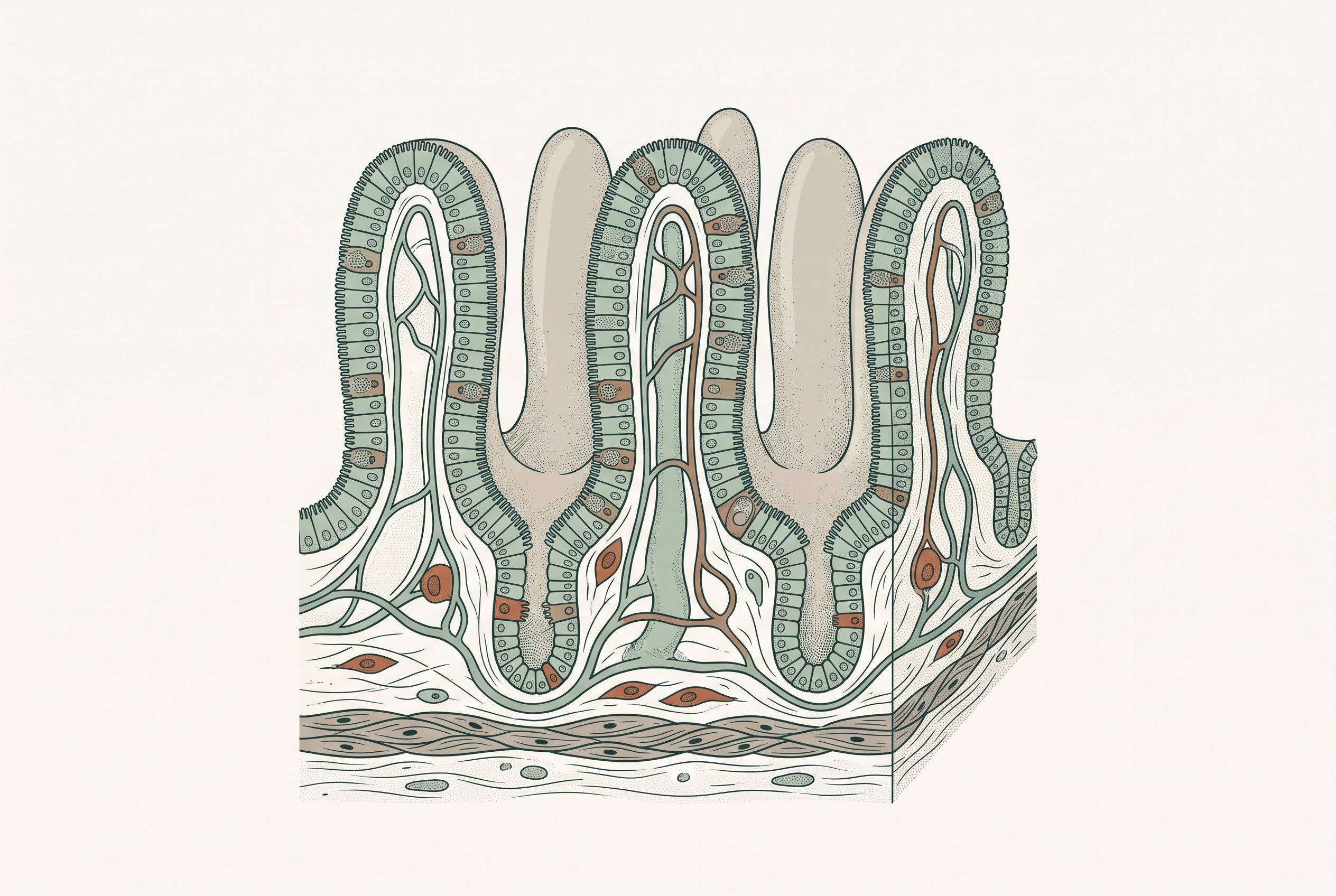 Microscopic cross-section illustration of intestinal villi, the finger-like projections lining the small intestine that absorb nutrients and water.