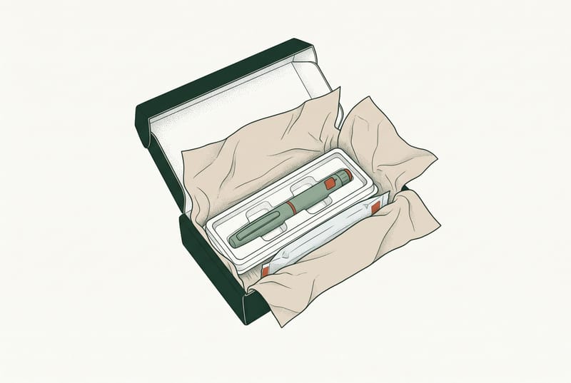 Illustration of an opened shipping box with tissue paper revealing an injection pen in its protective tray — a LillyDirect medication order arriving.