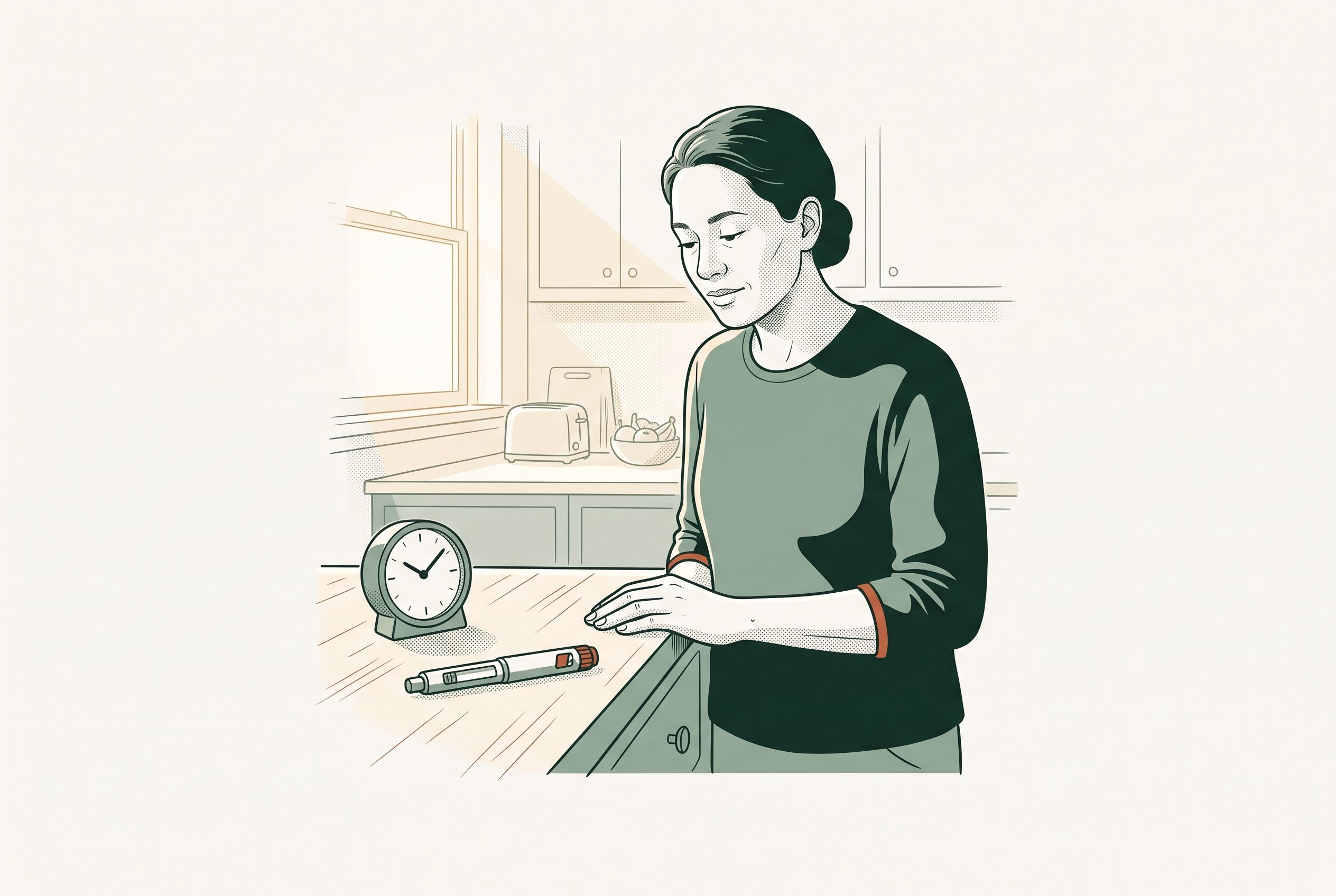A woman stands at a kitchen counter looking down at an injection pen lying beside a small clock.