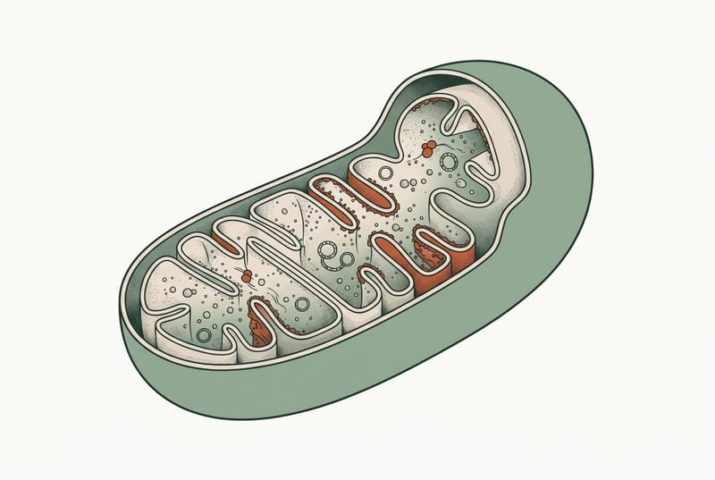 Cross-section illustration of a mitochondrion, the energy-producing structure inside cells — representing the body's energy and fatigue.