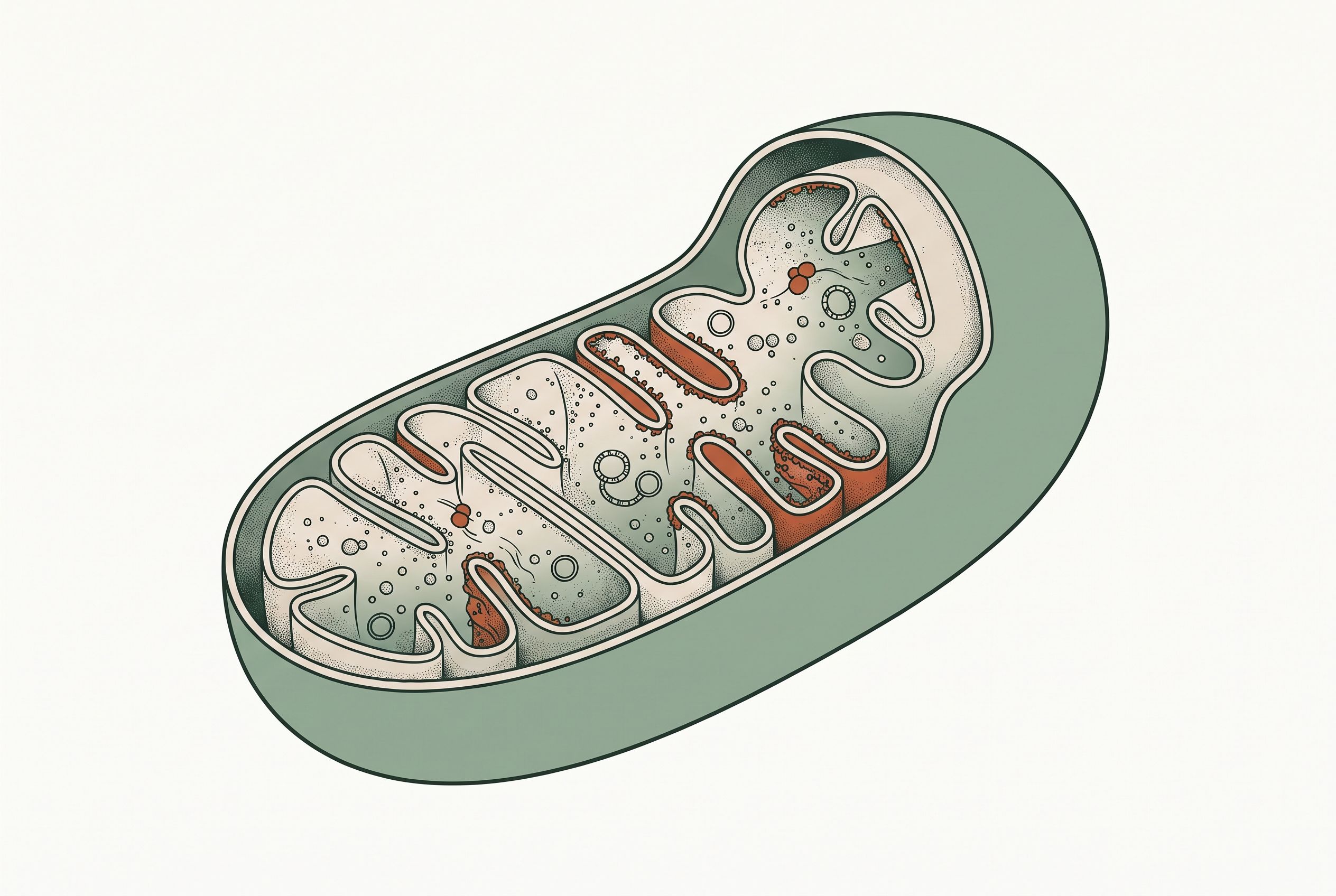 Cross-section illustration of a mitochondrion, the energy-producing structure inside cells — representing the body's energy and fatigue.