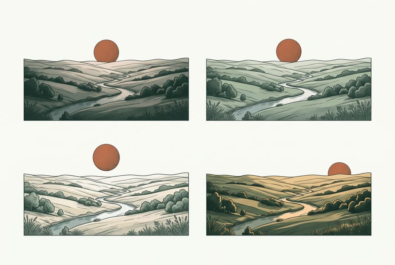 Four-panel illustration of the same river valley at different times of day, the light shifting from dawn to dusk — representing the changing weeks of the first month on an oral GLP-1.