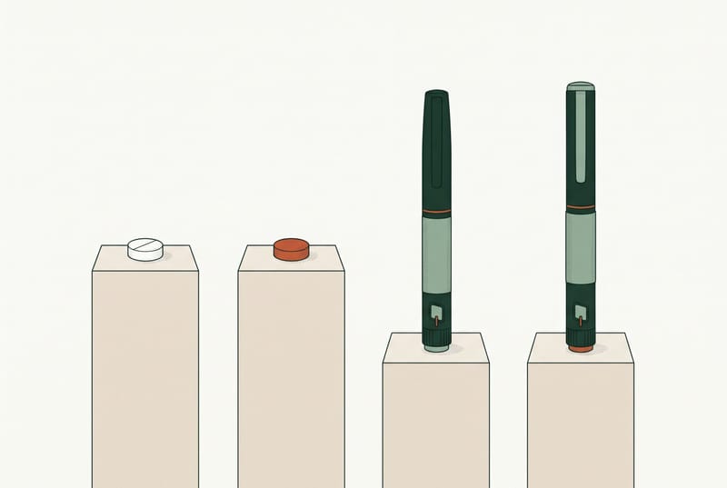 Two tablets and two injection pens compared side by side on pedestals.