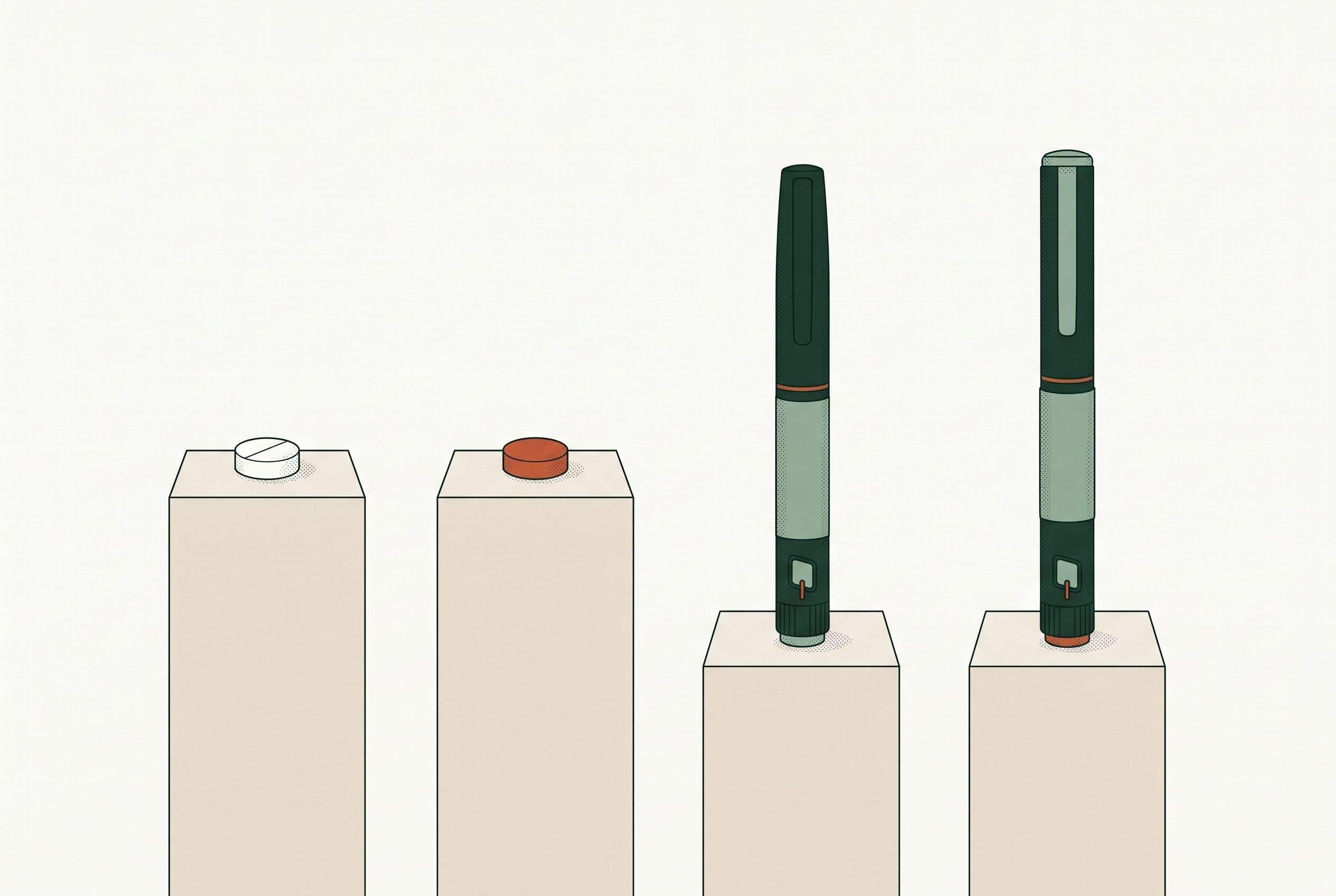 Illustration comparing GLP-1 options: two tablets and two injection pens displayed side by side on pedestals.