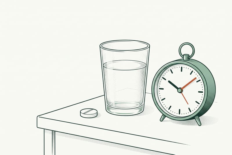 An oral Wegovy tablet beside a glass of water and an alarm clock.