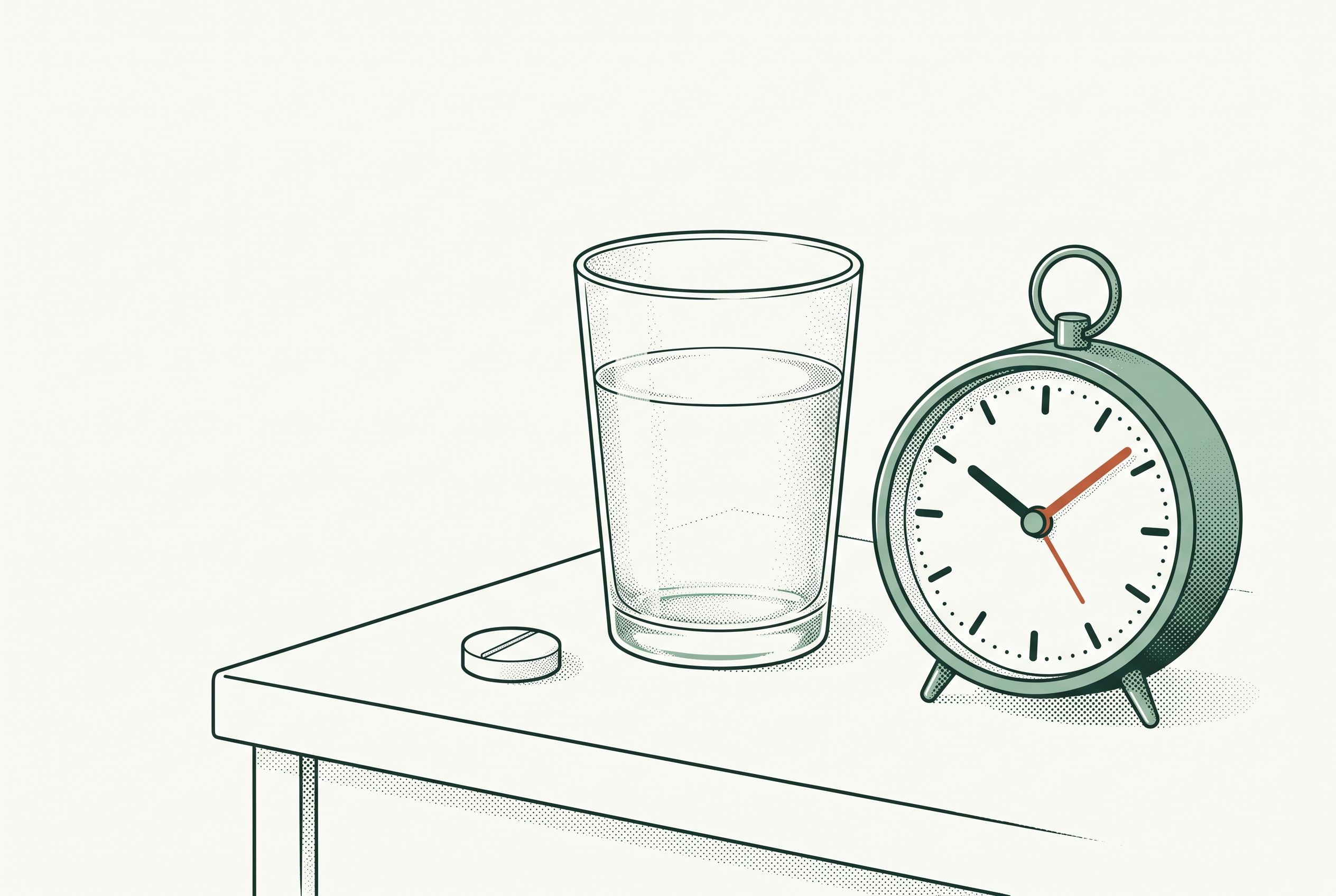 Illustration of an oral Wegovy tablet beside a full glass of water and an alarm clock — the empty-stomach morning routine with a 30-minute wait.