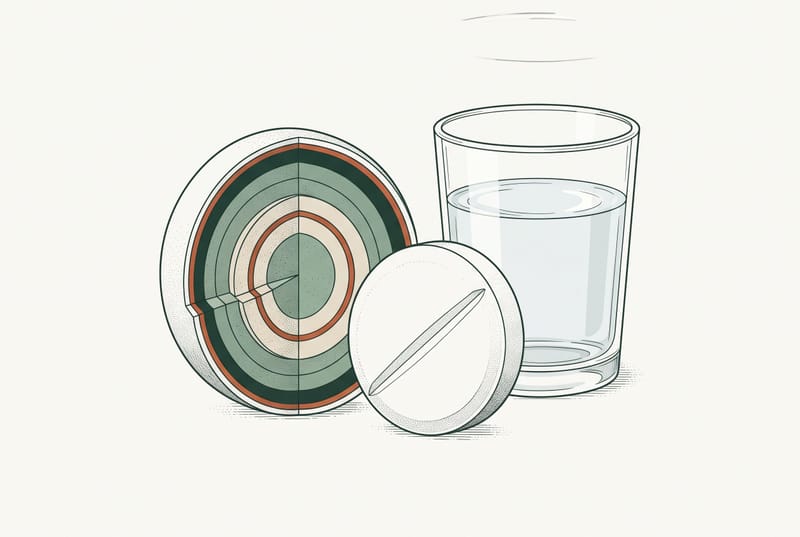 Illustration of an oral semaglutide tablet shown in cross-section next to a whole tablet and a half-full glass of water.