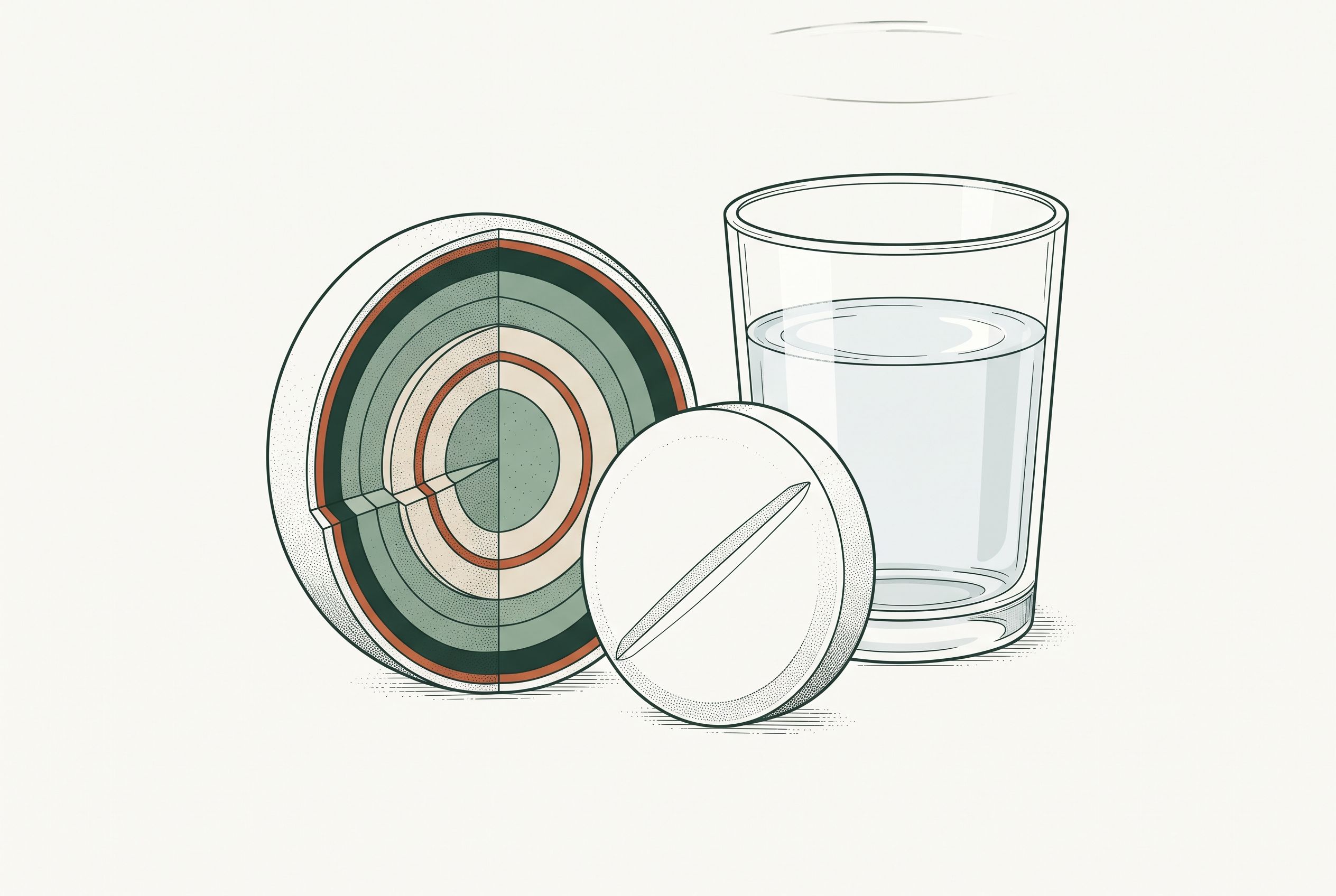Illustration of an oral semaglutide tablet shown in cross-section next to a whole tablet and a half-full glass of water.